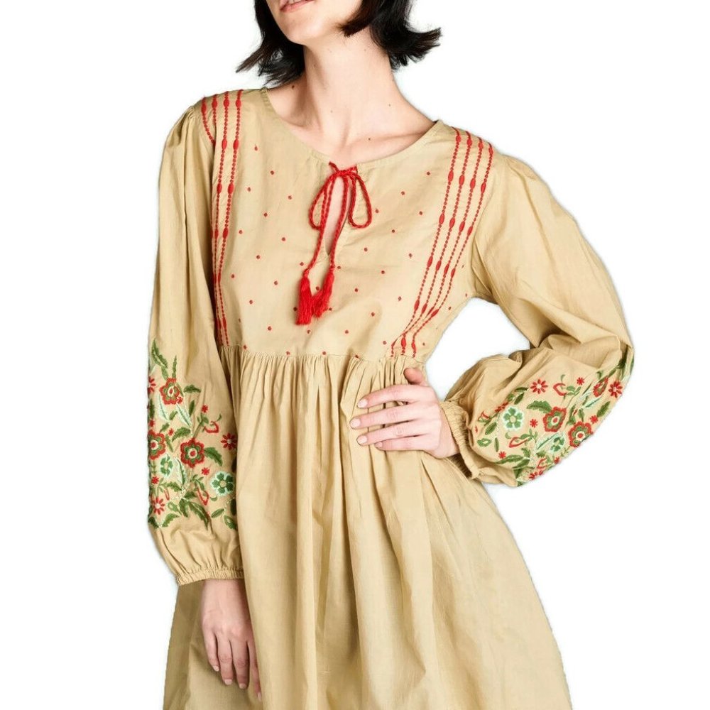 Velzera Floral Embroidered Mocha Mini Dress/Tunic